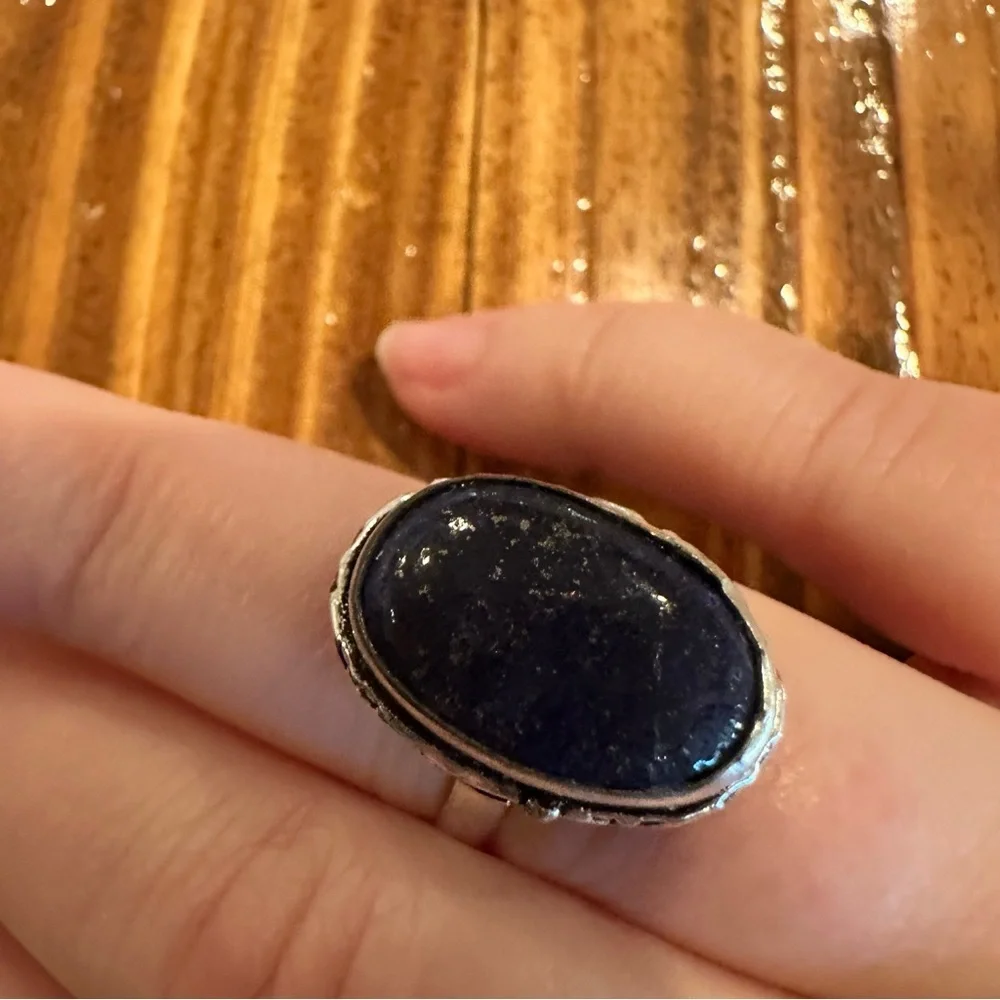 2103 Sleek Silver and Deep Blue Stone Women's Ring